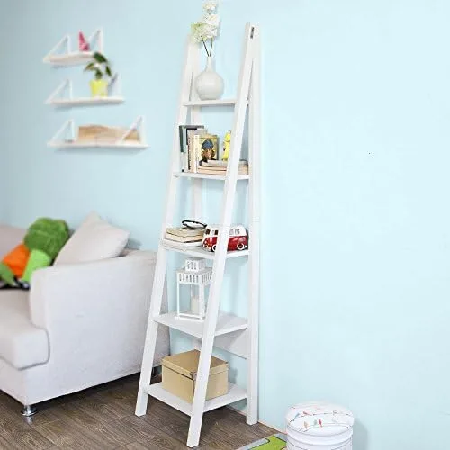 Haotian FRG101-W, White Modern 5 Tiers Ladder Shelf, Storage Display Shelving Wall Shelf Bookcase - Image 5