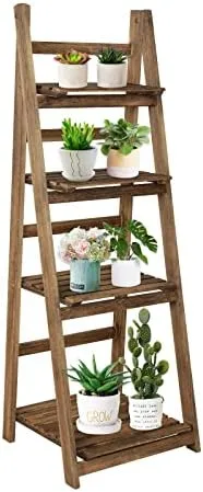 Babion 4 Tier Ladder Bookshelf, Ladder Shelf, 45 Inch Wood Rustic Ladder Bookshelf, Indoor Plant Stand, Ladder Shelves for Patio Garden- Brown - Image 2