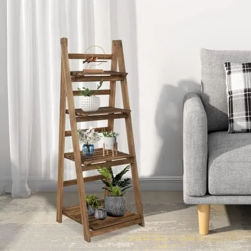 Babion 4 Tier Ladder Bookshelf, Ladder Shelf, 45 Inch Wood Rustic Ladder Bookshelf, Indoor Plant Stand, Ladder Shelves for Patio Garden- Brown - Image 6