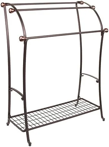 mDesign Large Standing Metal Bathroom Towel Holder Stand with Shelf - 3-Tier Towel Rack Stand for Hanging Bath, Hand, Fingertip Towels - Towel Stand for Bathroom - Hyde Collection - Bronze/Warm Brown - Image 6