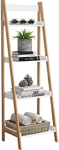 VanTook Bamboo Ladder Shelf, 4-Tier Ladder Bookshelf Storage Rack Display Rack Plant Flower Stand for Living Room, Home Office, Kitchen, Bedroom, Rustic Brown and White - Image 2