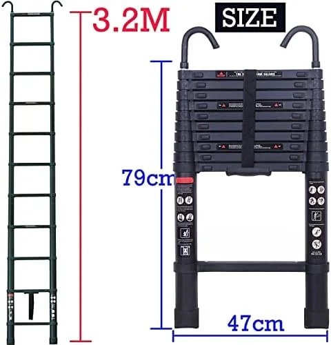 3.2m Extension Ladder with Hook More Stable Attic Ladder Telescoping Ladder Aluminum Lightweight Portable Loft Ladder, EN131 Certificate 330LB Load Capacity with Non-Slip Rubber Feet 10.5ft - Image 3