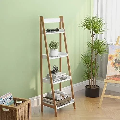 VanTook Bamboo Ladder Shelf, 4-Tier Ladder Bookshelf Storage Rack Display Rack Plant Flower Stand for Living Room, Home Office, Kitchen, Bedroom, Rustic Brown and White - Image 8