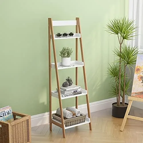 VanTook Bamboo Ladder Shelf, 4-Tier Ladder Bookshelf Storage Rack Display Rack Plant Flower Stand for Living Room, Home Office, Kitchen, Bedroom, Rustic Brown and White - Image 3