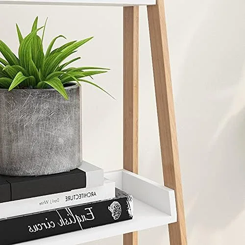 VanTook Bamboo Ladder Shelf, 4-Tier Ladder Bookshelf Storage Rack Display Rack Plant Flower Stand for Living Room, Home Office, Kitchen, Bedroom, Rustic Brown and White - Image 9