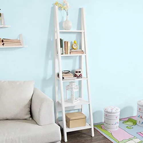 Haotian FRG101-W, White Modern 5 Tiers Ladder Shelf, Storage Display Shelving Wall Shelf Bookcase - Image 4
