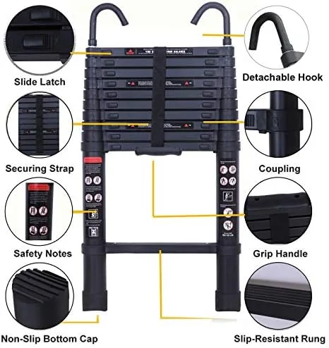 3.2m Extension Ladder with Hook More Stable Attic Ladder Telescoping Ladder Aluminum Lightweight Portable Loft Ladder, EN131 Certificate 330LB Load Capacity with Non-Slip Rubber Feet 10.5ft - Image 4