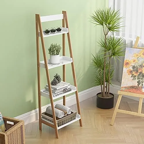 VanTook Bamboo Ladder Shelf, 4-Tier Ladder Bookshelf Storage Rack Display Rack Plant Flower Stand for Living Room, Home Office, Kitchen, Bedroom, Rustic Brown and White - Image 6