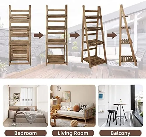 Babion 4 Tier Ladder Bookshelf, Ladder Shelf, 45 Inch Wood Rustic Ladder Bookshelf, Indoor Plant Stand, Ladder Shelves for Patio Garden- Brown - Image 10