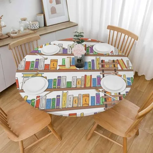 AOYEGO Book Shelves Collection Tablecloth Library Reading Club Ladder Books Table Cover Elastic Table Cloth for Indoor Dining, Outdoor Picnic Parties, Camping, Fits Tables 40-44" Round - Image 3