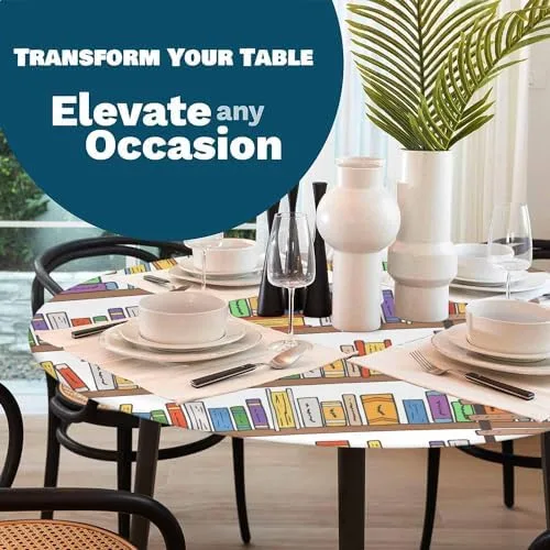AOYEGO Book Shelves Collection Tablecloth Library Reading Club Ladder Books Table Cover Elastic Table Cloth for Indoor Dining, Outdoor Picnic Parties, Camping, Fits Tables 40-44" Round - Image 8