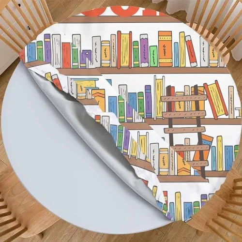 AOYEGO Book Shelves Collection Tablecloth Library Reading Club Ladder Books Table Cover Elastic Table Cloth for Indoor Dining, Outdoor Picnic Parties, Camping, Fits Tables 40-44" Round - Image 2