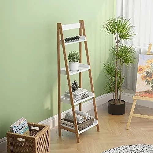 VanTook Bamboo Ladder Shelf, 4-Tier Ladder Bookshelf Storage Rack Display Rack Plant Flower Stand for Living Room, Home Office, Kitchen, Bedroom, Rustic Brown and White - Image 7