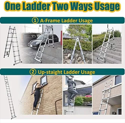 12.5FT Aluminum Telescoping Ladder with Non-Slip Feet and Stabilizer Bar, One Button Retraction Portable Collapsible Ladder A-Frame Multi-Purpose Ladder for Household and Outdoor, Max Load 330lbs - Image 5