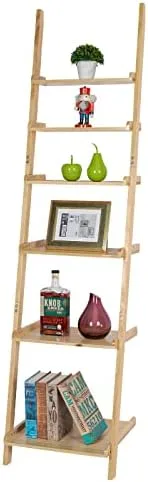 Bloddream Ellwood 6-Tier Ladder Shelf, Leaning Display Shelf, Solid Wood Bookcase, Tall Stair Storage Rack, Natural Pine Wood - Image 11