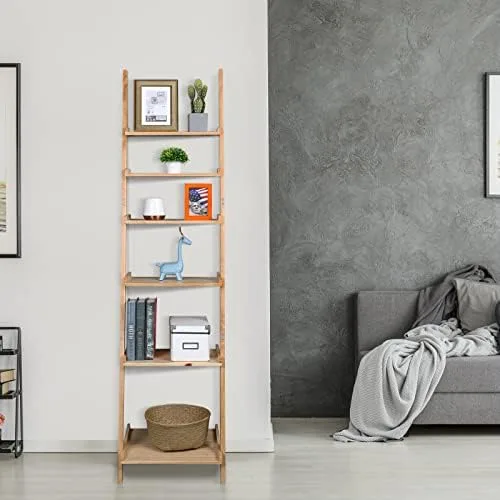 Bloddream Ellwood 6-Tier Ladder Shelf, Leaning Display Shelf, Solid Wood Bookcase, Tall Stair Storage Rack, Natural Pine Wood - Image 8