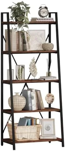 BON AUGURE Ladder Shelf Bookcase, 5-Tier Industrial Ladder Bookshelf, Tall Living Room Shelves, Wood and Metal Leaning Shelf for Home Office, Kitchen, Bedroom, Balcony (Rustic Oak) - Image 10