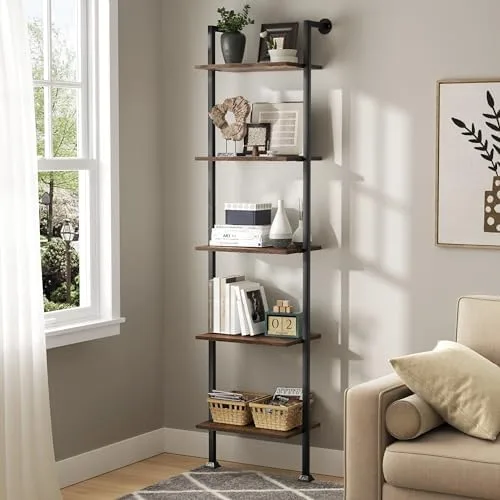 5-Tier Ladder Shelf, Tall Narrow Bookcase for Small Spaces, Book Storage Organizer Case for Living Room, Home Office, Study, Industrial Style Black Metal Frame and Rustic Brown Shelf - Image 2