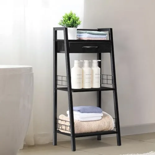 MOOACE 3 Tier Bathroom Ladder Shelf, Freestanding Bathroom Shelves Storage Rack with Drawer, Open Shelving Unit Makeup Shelf Small Bookshelf for Bathroom Living Room Bedroom Balcony, Black - Image 3