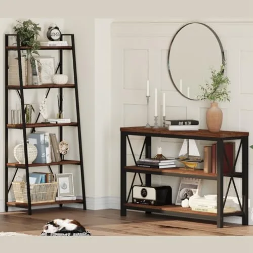 BON AUGURE Ladder Shelf Bookcase, 5-Tier Industrial Ladder Bookshelf, Tall Living Room Shelves, Wood and Metal Leaning Shelf for Home Office, Kitchen, Bedroom, Balcony (Rustic Oak) - Image 7