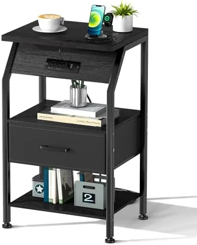 Gannyfer Nightstand with Charging Station and USB Ports, Night Stand with Fabric Drawer and Storage Shelf, Small Bedside Table for Bedroom, 3-Tier End Table for Living Room,Black - Image 2