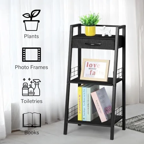 MOOACE 3 Tier Bathroom Ladder Shelf, Freestanding Bathroom Shelves Storage Rack with Drawer, Open Shelving Unit Makeup Shelf Small Bookshelf for Bathroom Living Room Bedroom Balcony, Black - Image 6