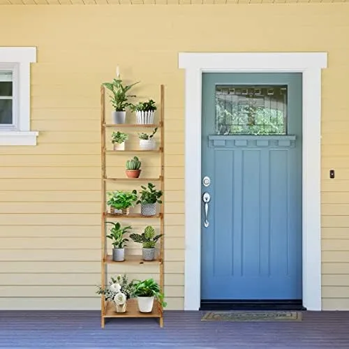 Bloddream Ellwood 6-Tier Ladder Shelf, Leaning Display Shelf, Solid Wood Bookcase, Tall Stair Storage Rack, Natural Pine Wood - Image 9