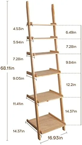 Bloddream Ellwood 6-Tier Ladder Shelf, Leaning Display Shelf, Solid Wood Bookcase, Tall Stair Storage Rack, Natural Pine Wood - Image 4