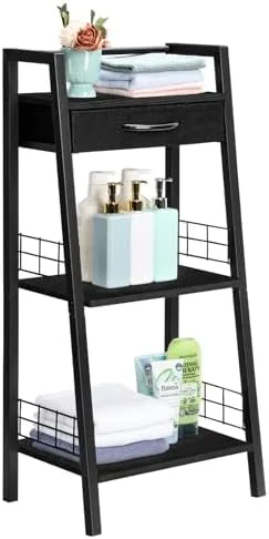 MOOACE 3 Tier Bathroom Ladder Shelf, Freestanding Bathroom Shelves Storage Rack with Drawer, Open Shelving Unit Makeup Shelf Small Bookshelf for Bathroom Living Room Bedroom Balcony, Black - Image 2