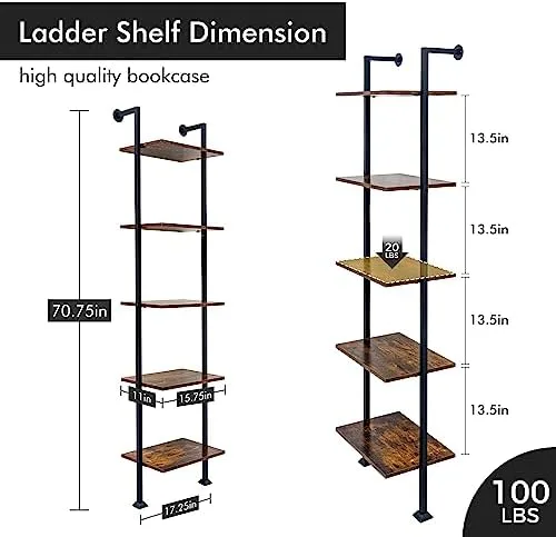 5-Tier Ladder Shelf, Tall Narrow Bookcase for Small Spaces, Book Storage Organizer Case for Living Room, Home Office, Study, Industrial Style Black Metal Frame and Rustic Brown Shelf - Image 3
