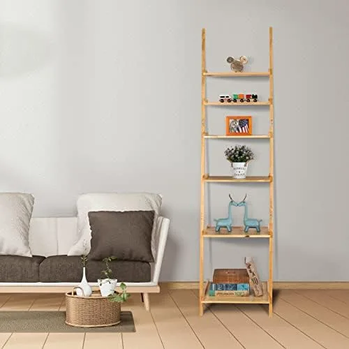 Bloddream Ellwood 6-Tier Ladder Shelf, Leaning Display Shelf, Solid Wood Bookcase, Tall Stair Storage Rack, Natural Pine Wood - Image 7