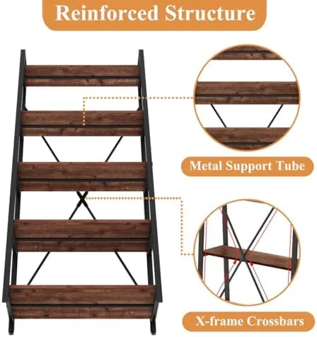 BON AUGURE Ladder Shelf Bookcase, 5-Tier Industrial Ladder Bookshelf, Tall Living Room Shelves, Wood and Metal Leaning Shelf for Home Office, Kitchen, Bedroom, Balcony (Rustic Oak) - Image 6