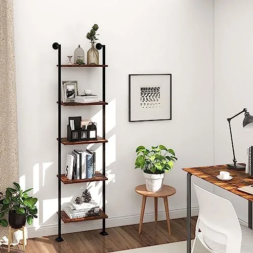 5-Tier Ladder Shelf, Tall Narrow Bookcase for Small Spaces, Book Storage Organizer Case for Living Room, Home Office, Study, Industrial Style Black Metal Frame and Rustic Brown Shelf - Image 7