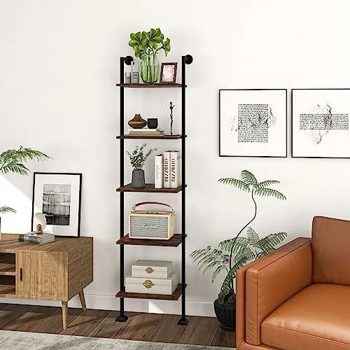 5-Tier Ladder Shelf, Tall Narrow Bookcase for Small Spaces, Book Storage Organizer Case for Living Room, Home Office, Study, Industrial Style Black Metal Frame and Rustic Brown Shelf - Image 6