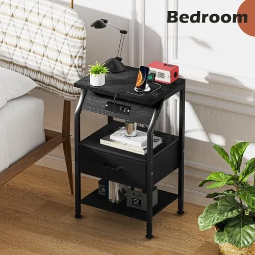Gannyfer Nightstand with Charging Station and USB Ports, Night Stand with Fabric Drawer and Storage Shelf, Small Bedside Table for Bedroom, 3-Tier End Table for Living Room,Black - Image 3