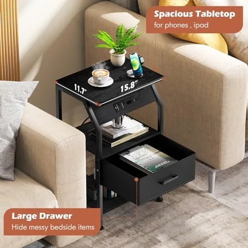 Gannyfer Nightstand with Charging Station and USB Ports, Night Stand with Fabric Drawer and Storage Shelf, Small Bedside Table for Bedroom, 3-Tier End Table for Living Room,Black - Image 5