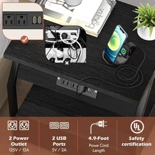 Gannyfer Nightstand with Charging Station and USB Ports, Night Stand with Fabric Drawer and Storage Shelf, Small Bedside Table for Bedroom, 3-Tier End Table for Living Room,Black - Image 6