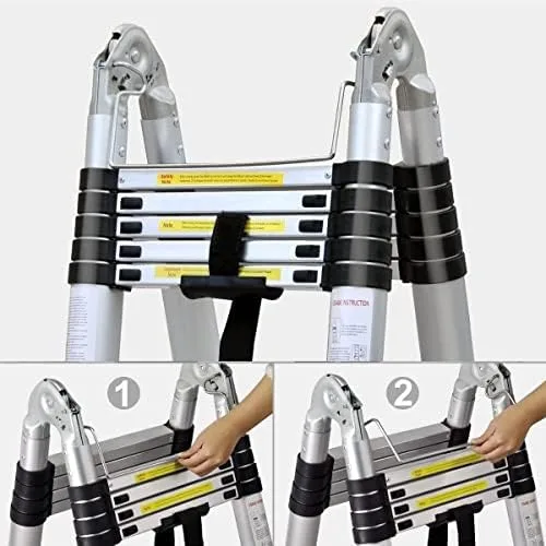 12.5FT Aluminum Telescoping Ladder with Non-Slip Feet and Stabilizer Bar, One Button Retraction Portable Collapsible Ladder A-Frame Multi-Purpose Ladder for Household and Outdoor, Max Load 330lbs - Image 4