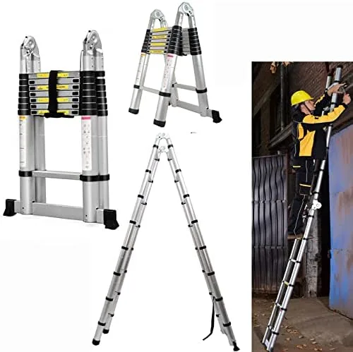 12.5FT Aluminum Telescoping Ladder with Non-Slip Feet and Stabilizer Bar, One Button Retraction Portable Collapsible Ladder A-Frame Multi-Purpose Ladder for Household and Outdoor, Max Load 330lbs - Image 2