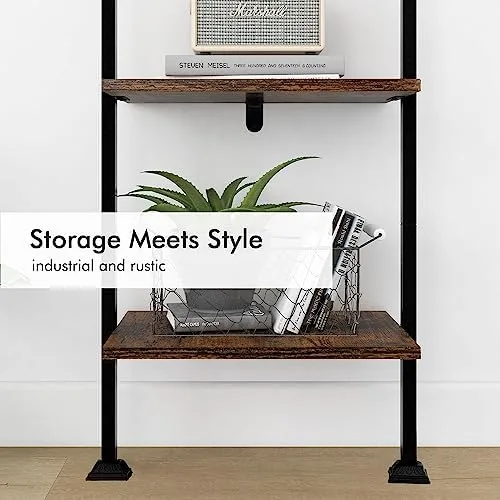 5-Tier Ladder Shelf, Tall Narrow Bookcase for Small Spaces, Book Storage Organizer Case for Living Room, Home Office, Study, Industrial Style Black Metal Frame and Rustic Brown Shelf - Image 5