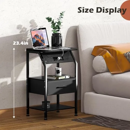 Gannyfer Nightstand with Charging Station and USB Ports, Night Stand with Fabric Drawer and Storage Shelf, Small Bedside Table for Bedroom, 3-Tier End Table for Living Room,Black - Image 4