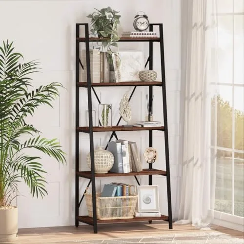 BON AUGURE Ladder Shelf Bookcase, 5-Tier Industrial Ladder Bookshelf, Tall Living Room Shelves, Wood and Metal Leaning Shelf for Home Office, Kitchen, Bedroom, Balcony (Rustic Oak) - Image 2