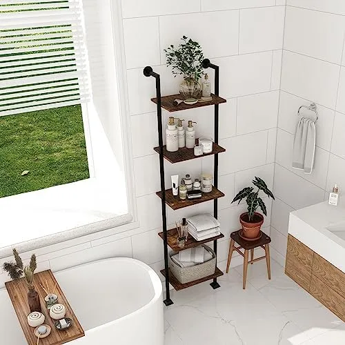 5-Tier Ladder Shelf, Tall Narrow Bookcase for Small Spaces, Book Storage Organizer Case for Living Room, Home Office, Study, Industrial Style Black Metal Frame and Rustic Brown Shelf - Image 8