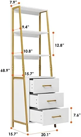 HITHOS 4-Tier Bookshelf, Tall Bookcase with 3 Wooden Drawers, Modern Ladder Book Shlef Storage Organizer for Living Room, Entryway, Office, White Gold - Image 4