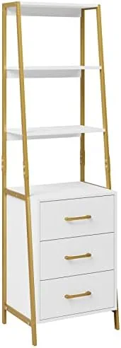 HITHOS 4-Tier Bookshelf, Tall Bookcase with 3 Wooden Drawers, Modern Ladder Book Shlef Storage Organizer for Living Room, Entryway, Office, White Gold - Image 9