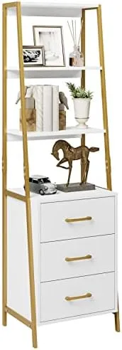 HITHOS 4-Tier Bookshelf, Tall Bookcase with 3 Wooden Drawers, Modern Ladder Book Shlef Storage Organizer for Living Room, Entryway, Office, White Gold - Image 2