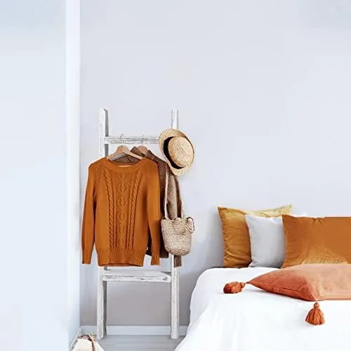 KIAYACI Ladder Shelf Rustic Vintage Blanket Ladder Decorative Wood Ladder Shelf for Living Room Bedroom Bathroom (Retro White, 48" x 22") - Image 8