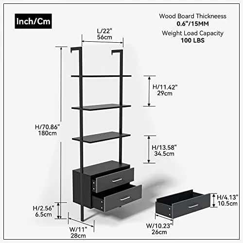 Wall Mounted Ladder Shelf, Modern 4-Tier Ladder Bookshelf with Drawers, Black Bookcase with Metal Frame Storage Cabinet for Home Office Black - Image 3
