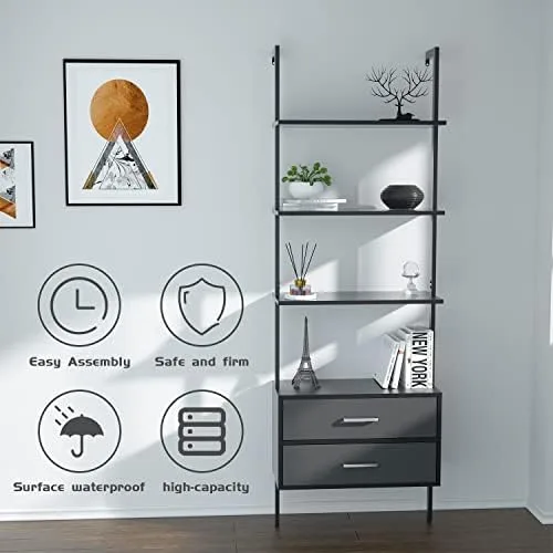 Wall Mounted Ladder Shelf, Modern 4-Tier Ladder Bookshelf with Drawers, Black Bookcase with Metal Frame Storage Cabinet for Home Office Black - Image 9