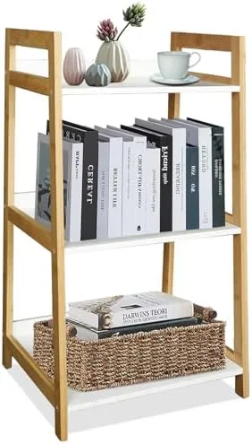 ECOMEX 3-Tier Ladder Shelf Modern Style Shelf, Ladder Bookshelf Open Storage Rack Wood Ladder Shelf with Bamboo Frame, Freestanding Ladder Shelves for Home Office, Bedroom (Bamboo Frame,White Shelf) - Image 2